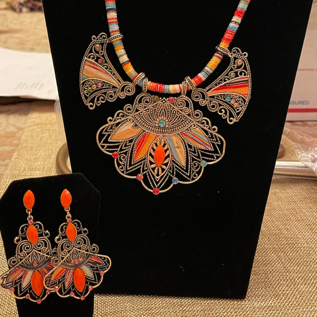N14- Central Eurasian Tribal Influenced Necklace And Pierced Earring Set